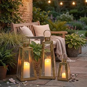 Set of 2 Stainless Steel Decorative <b>Lantern</b> 12'' High Metal <b>Candle</b> Holder <b>Outdoor</b> <b>Candle</b> <b>Lantern</b> with Tempered Glass <b>Lanterns</b> - Product Image 5