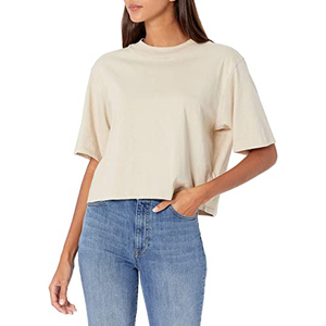 Women's <b>Cream</b> Crew Neck Short Sleeve <b>Crop</b> <b>Top</b> Loose Fit Casual Jersey T-Shirt 100% Cotton Breathable Spring Summer Style - Product Image 2