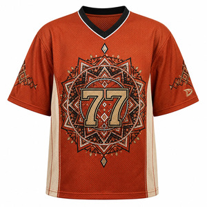 เสื้อกีฬาผู้ชายผ้าตาข่ายระบายอากาศได้ดี สไตล์ Y2K ย้อนยุค สตรีทแวร์ สีส้มสนิม ลายกราฟิกมันดาลา ทรงโอเวอร์ไซส์ - Product Image 3