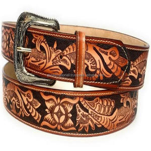 Cinturón de herramientas de cuero occidental con relieve floral tallado a mano de alta calidad para hombres y mujeres con hebilla de latón grabada floral elegante - Product Image 2