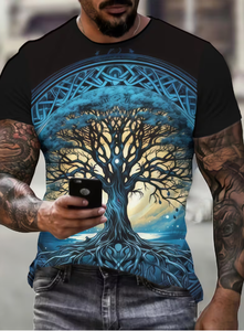 T-shirt noir à manches courtes pour homme avec motif Arbre de Vie bleu, col rond, coupe classique, imprimé, style décontracté, tendance - Product Image 5