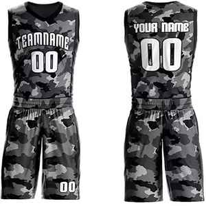 Conjunto de Uniforme de Baloncesto Personalizado con Camuflaje, Camiseta sin Mangas con Cuello en V de Poliéster, Pantalones Cortos con Cintura Elástica, Unisex para Adultos, de Secado Rápido - Product Image 3