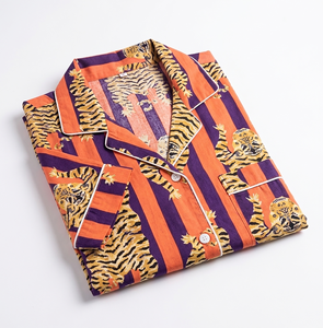 Conjunto de Pijama de Algodón con Estampado de Tigre Hecho a Mano, Camiseta de Manga Corta y Pantalones Cortos, Ropa de Dormir de Verano para Mujer, Conjunto de Pijama de Algodón Premium - Product Image 3