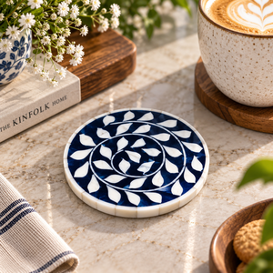 <b>Blue</b> Leaf Inlay Coaster Set with Holder for Tea Coffee Cups | Round Decorative Drink <b>Mats</b> for Dining <b>Table</b> Home Decor and Gifts - Product Image 3