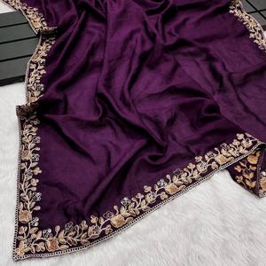 Premium Quality <b>Purple</b> Indian Long Anarkali Designer Silk <b>Saree</b> with Embroidery Work Customizable Blouse for Women Adults - Product Image 2