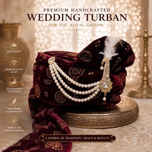Turban de marié en velours bordeaux fait main, style indien, avec Kalangi perlé, style royal Rajput, couvre-chef de mariage Safa, vente en gros - Product Image 1