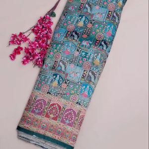 Tissu jacquard en viscose pure vert sauge à imprimé ethnique et paysager avec bordure ornementale pour robe Kurti de créateur - Product Image 1