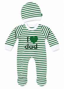 Conjunto de pelele de bebé de punto 100% algodón a rayas naranja y blanco con la inscripción 'I Love Dad' y gorro a juego - Product Image 6