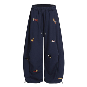 Cosh Sports Embroidered Dog Print Joggers Casual Yellow Loose-Fit Wide-Leg Baggy <b>Jeans</b> with Drawstring Waist - Product Image 3