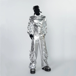 Camisa de Manga Larga con Cuello Camisero para Hombre, Estilo Punk Techwear Plateado Líquido, para Actuaciones en Clubes Nocturnos - Product Image 5