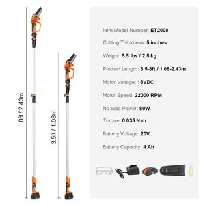 Mini Motosega a Palo Senza Fili 2 in 1, Batteria 20V 4Ah, Capacità di Taglio 5 Pollici, Portata 8 Piedi per Taglio Rami - Product Image 6