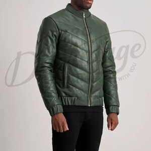 Chaqueta de cuero acolchada verde bosque para hombre, diseño en V, cuello alto, cálida, acolchada, corte ajustado, estilo motero - Product Image 5