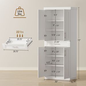 Modern Freestanding <b>Pantry</b> Cabinet for <b>Kitchen</b> White Doors Drawer Adjustable Shelving Durable Wood Metal Plastic Steel Material - Product Image 3