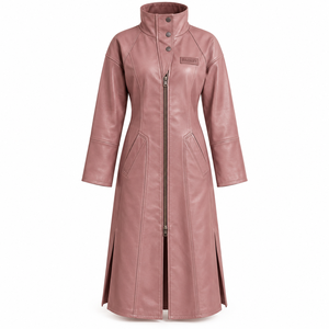 Abrigo de cuero rosa con cuello alto para mujer, chaqueta larga tipo trench con abertura lateral, servicio de fabricante OEM/ODM personalizado - Product Image 1