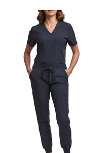 Unisex <b>Nursing</b> <b>Scrub</b> Set V-Neck Tuck-In Top Jogger Pants Yoga Waistband Stand Collar Short Sleeve Worsted Fabric Hospital Solid - Product Image 5