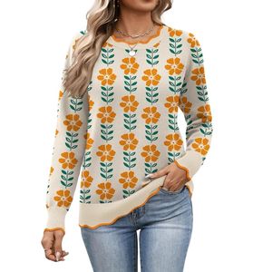 Custom Floral Jacquard <strong>Women</strong> Sweaters <strong>Mustard</strong> Yellow Scalloped Hem Crewneck Long Sleeve Breathable Soft Acrylics <strong>Jumpers</strong> - Product Image 1