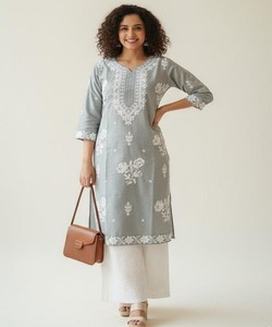 Conjunto de Kurta Gris Bordado en Algodón de Calidad de Exportación para Mujer, Ropa Tradicional para Uso Diario, Colección Étnica, Precio al por Mayor 84528 - Product Image 1