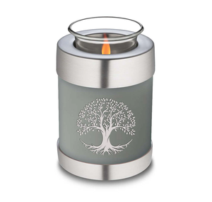 Urna Funeraria de Metal Azul Grisáceo con Grabado de Árbol Plateado para Guardar Cenizas, Estilo Moderno - Product Image 1