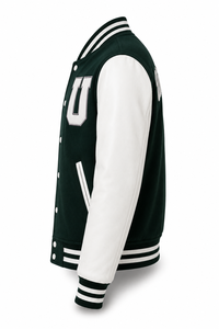 Chaqueta Varsity Unisex Verde con Mangas Blancas, Parche Bordado con la Letra U, Estilo Urbano, Cuello Camisero, Informal de Invierno - Product Image 3