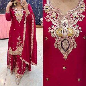 Ensemble Salwar Kameez brodé rouge pour femmes, tenue indienne pakistanaise, Kurta Palazzo Dupatta, vêtements de fête de mariage - Product Image 4