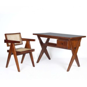 Ensemble bureau et chaise de bureau en bois massif de style moderne du milieu du siècle, avec pieds en X, table d'écriture faite à la main avec cannage en rotin et tiroir - Product Image 1