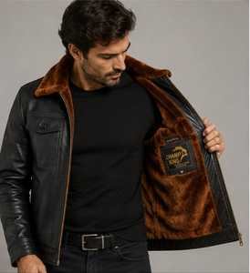 Blouson en cuir pour homme avec col en fausse fourrure et fermeture éclair - Product Image 6