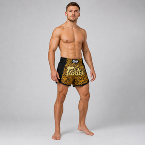 กางเกงมวยไทยลายเสือดาว Fairtex สำหรับผู้ใหญ่ ยูนิเซ็กซ์ สำหรับชกมวย คิกบ็อกซิ่ง  พร้อมโลโก้ Fairtex แห้งเร็ว ผลิตจากโพลีเอสเตอร์ กันเปื้อน - Product Image 4