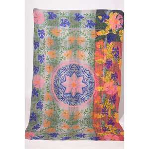 Vintage Kantha Suzani <b>Quilt</b> Lavinas Brand Handmade 100% Cotton Embroidered Floral Boho Bedspread Indian <b>Throw</b> Blanket Washable - Product Image 1