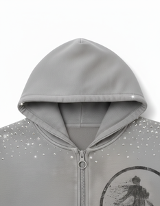 Sudadera con capucha y cremallera de felpa francesa con lavado ácido para hombre, diseño gráfico desgastado con pedrería de 400 GSM, perfecta para la moda urbana - Product Image 3