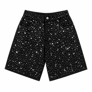 Shorts en jean de luxe pour homme, noirs, ornés de strass, style High Street, effet ciel étoilé, bling-bling - Product Image 1