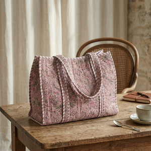 Bolso Tote Acolchado Floral Morado Claro, Bolso de Hombro de Tela de Algodón Premium con Ribete en Contraste, Obra Maestra de Alta Costura - Product Image 2
