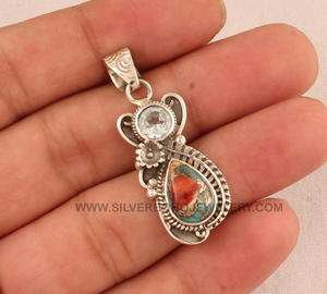 Pendentif en argent sterling 925 vintage avec topaze bleue, cuivre huître et turquoise, fait main, 18 pouces, unisexe, pour femme, vente en gros - Product Image 1