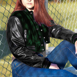 Chaqueta Corta Estilo Universitaria para Mujer, Color Verde Oscuro y Negro, Estilo Bomber, Mangas de Cuero Sintético, Ropa Exterior Informal, Moda Femenina - Product Image 3