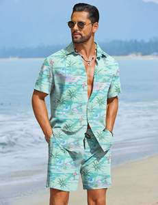 Conjunto coordinado con estampado de flamencos para hombre, camisa de manga corta con botones y pantalones cortos a juego, traje ligero para vacaciones en la playa de verano - Product Image 3