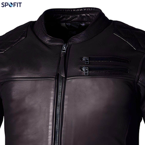 Veste de moto en cuir véritable pour homme SPOFIT, col montant, fermeture éclair, coupe-vent, style motard, pour l'automne - Product Image 3