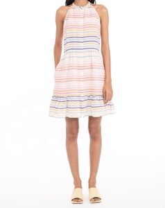 Robe mini en mousseline de soie rayée couleur bonbon, style halter, coupe trapèze, sans manches, respirante, décontractée, pour femme, avec volants - Product Image 1