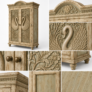 Luxury Hand Carved Rajhans Swan Solid Wood Almirah <b>Wardrobe</b> Cabinet Antique Bedroom Storage Armoire <b>Large</b> Capacity Slab Doors - Product Image 3