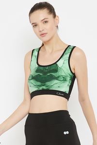 Soutien-gorge de sport vert imprimé marbre pour femme, col ras du cou, dos nageur, maintien moyen, respirant, haut de sport pour yoga - Product Image 5