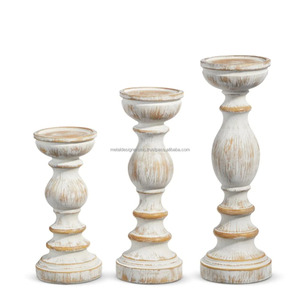 Ensemble de luxe 3 bougeoirs en bois de manguier lavé blanc Différents styles Décoratifs Maison Cadeaux de Noël Autres bougeoirs - Product Image 1