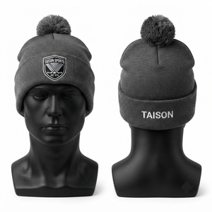 TAISON SPORTS Premium 300 GSM 100% <b>Wool</b> Ice Hockey <b>Beanie</b> Cap Gray Ribbed Knit Pom Pom Custom Embroidery Unisex Adjustable - Product Image 1