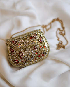 Premium Handmade Kundan <b>Crystal</b> Stone Clutch Bag <b>Mirror</b> Mosaic Bridal Wedding Purse Ethnic Party Fashion Accessory - Product Image 3