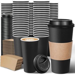 Vasos Desechables para Café de 20 oz con Tapas y Fundas Antiderrames, Paquete de 100, Vasos Negros Aislados para Bebidas Calientes para Cafeterías y Restaurantes - Product Image 1