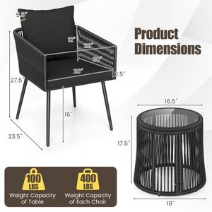 Set di Mobili da Giardino in 3 Pezzi con Cuscini, Tavolo in Rattan e Piano in Vetro per Veranda, Giardino, Balcone, Sedute da Esterno Resistenti - Product Image 5