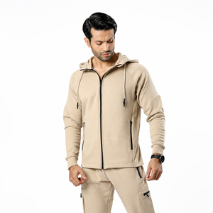 Custom Men’s Beige Cargo Tracksuit Full <b>Zip</b> <b>Hooded</b> Jacket and Multi Pocket Jogger Pants Private Label Techwear Sportswear Set - Product Image 4