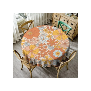 Peachy <b>Orange</b> Retro Floral Round Table Cloth Cotton Dining Table Cover Custom Size Custom Weight Sustainable OEM ODM India - Product Image 1