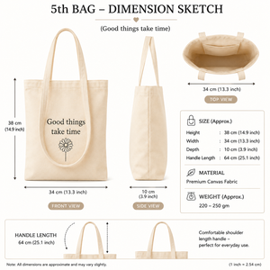 Bolsa de Tela de Algodón con Estampado de Margaritas, Color Beige, para Uso Diario, con la Frase 'Good Things Take Time' - Product Image 2
