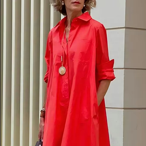 Vestido Camisero Holgado de Mujer para Otoño, con Cintura Baja, Largo hasta el Suelo, Estampado Digital, Ecológico, Lavable, con Solapas y Mangas Enrollables - Product Image 1