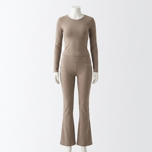 Women Beige <b>Long</b> <b>Sleeve</b> <b>Top</b> Flared Pants Yoga Set Gym Fitness <b>Workout</b> Activewear Matching Two Piece Set - Product Image 4