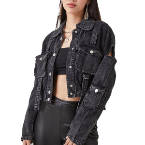 Chaqueta vaquera corta de punto transpirable personalizada High Street para mujer con bolsillos de solapa recortados y dobladillo elástico, venta al por mayor OEM de ropa urbana - Product Image 1