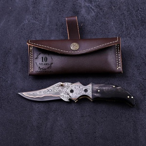 Handmade <b>Copper</b> <b>Damascus</b> Steel Drop Point Pocket Folding <b>Knife</b> Razor Sharp Outdoor Utility Blade EDC Gift Him OEM Buffalo Horn - Product Image 1